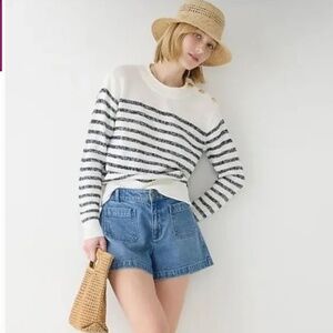 J.Crew Sz S Relaxed Linen Blend Beach Sweater with Shoulder Buttons in Stripe